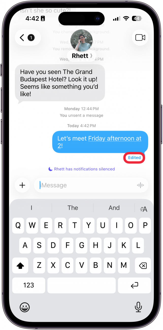 iphone messages app with a red box around edited button