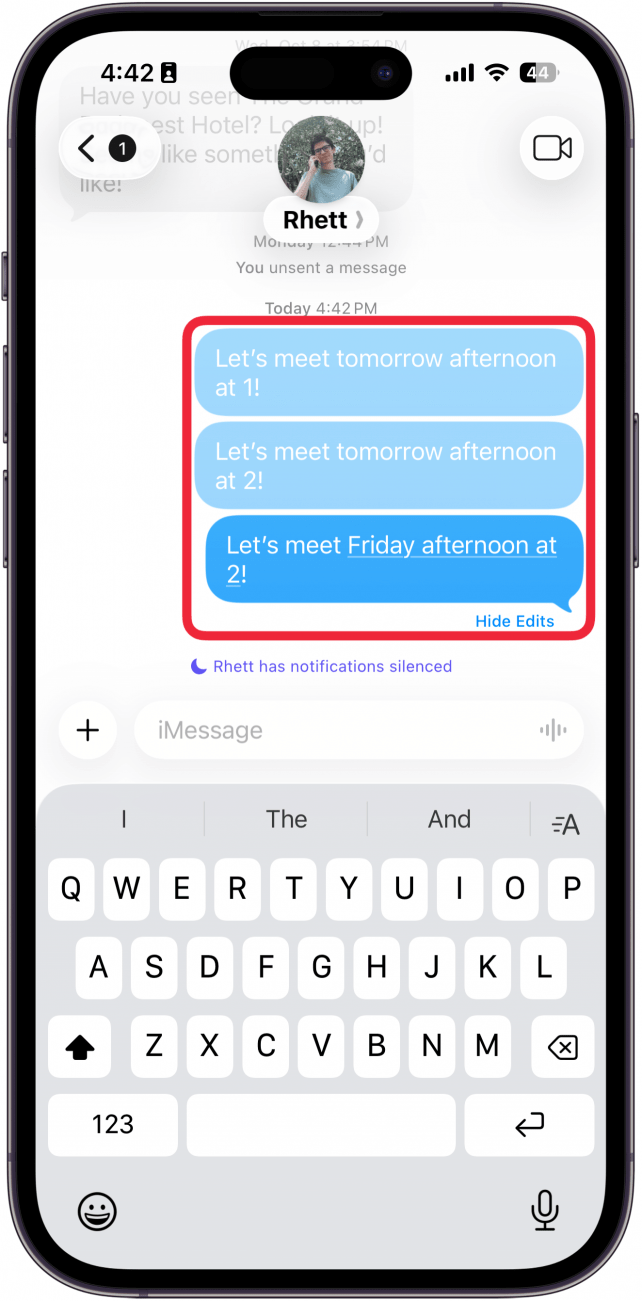 iphone messages app with a red box around the edit history of a message
