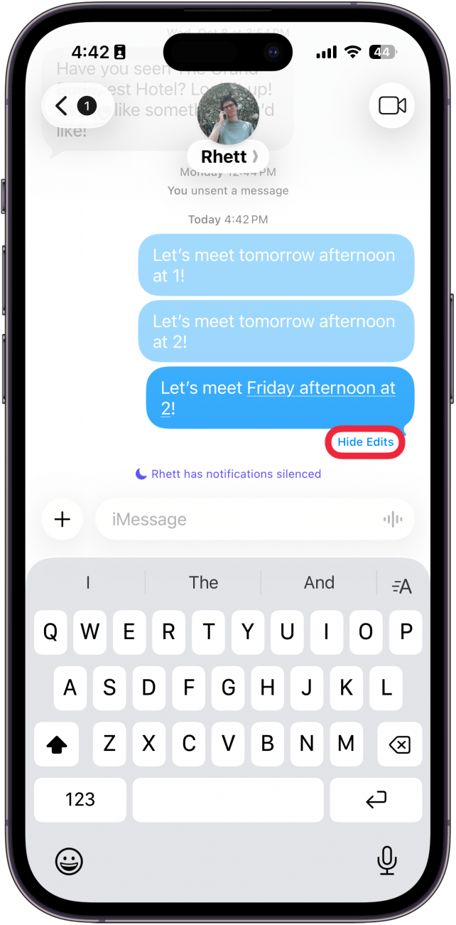 iphone messages app displaying edit history of a message with a red box around hide edits button