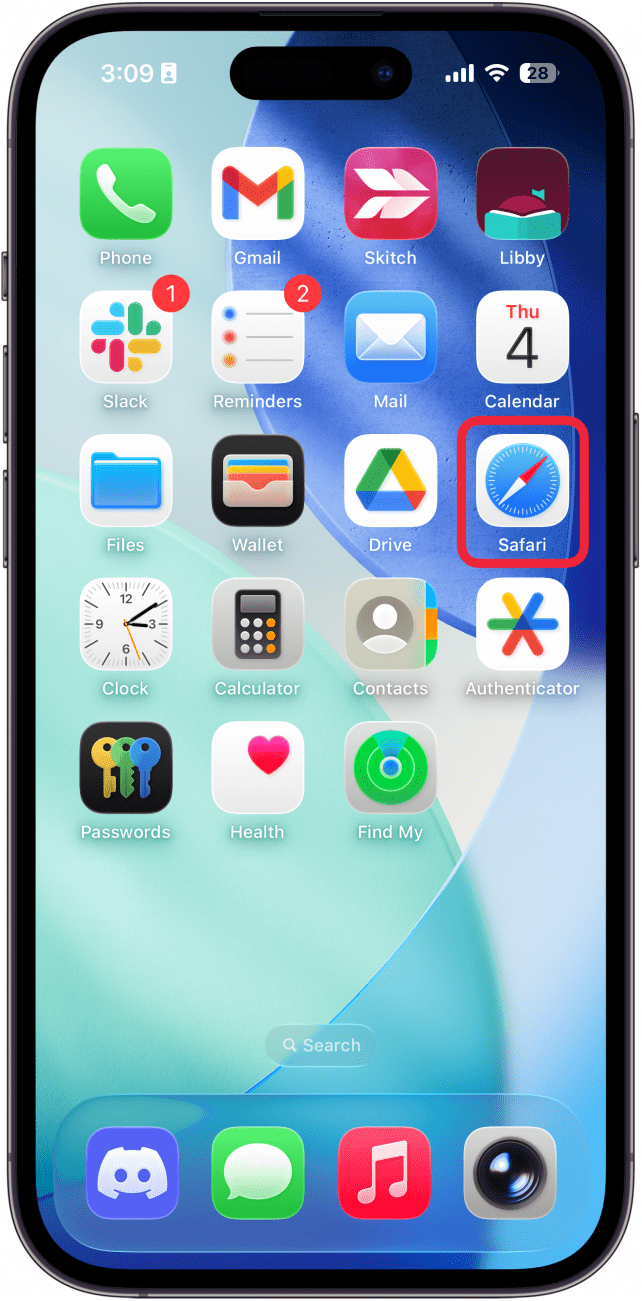 a screenshot of the iphone home screen with a red box around the safari