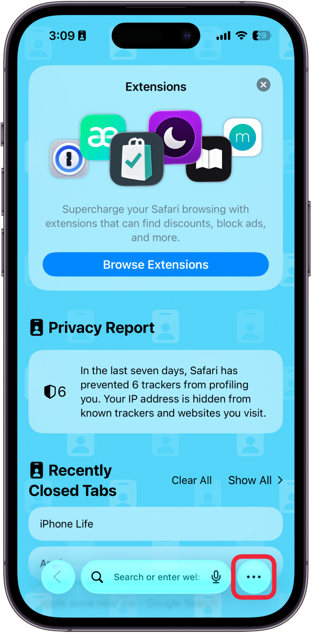 a screenshot of the safari app on iphone with a red box around the three dot icon