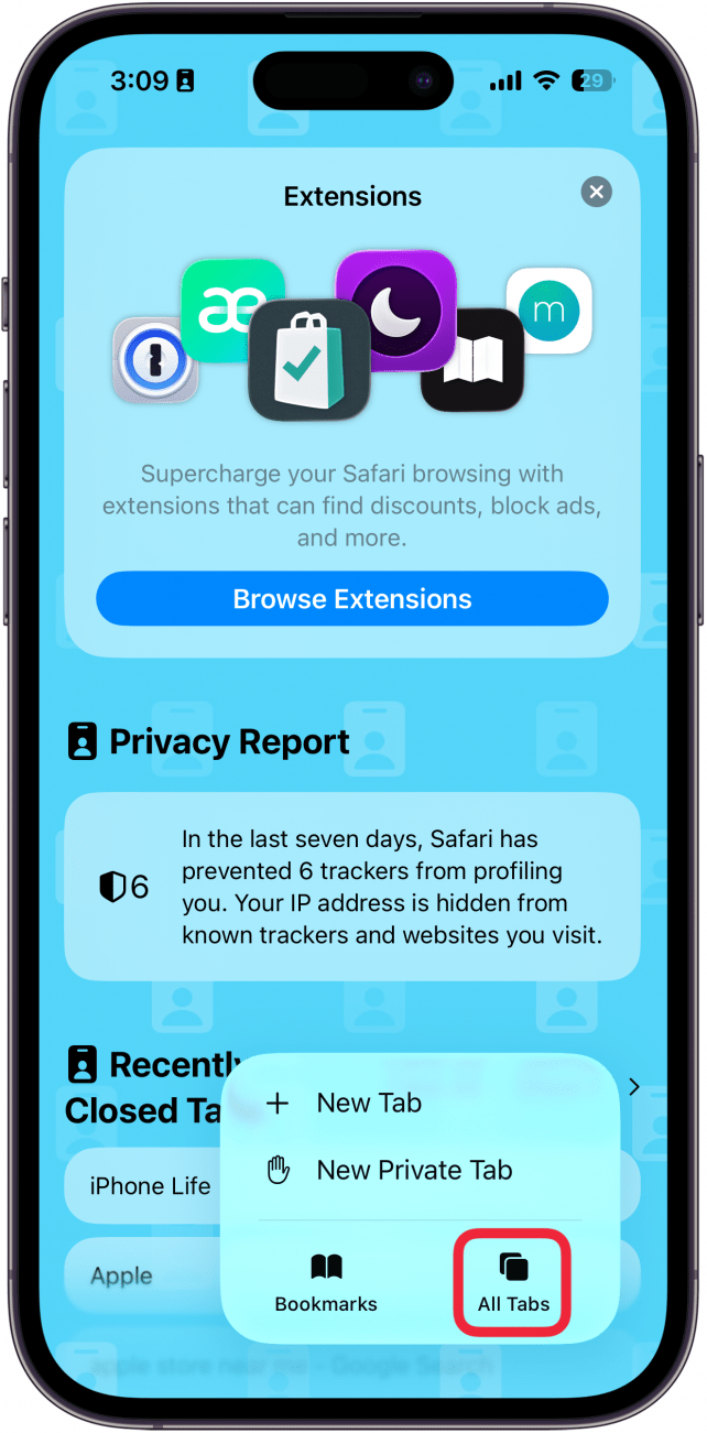 a screenshot of the safari app on iphone displaying the three dot menu with a red box around all tabs