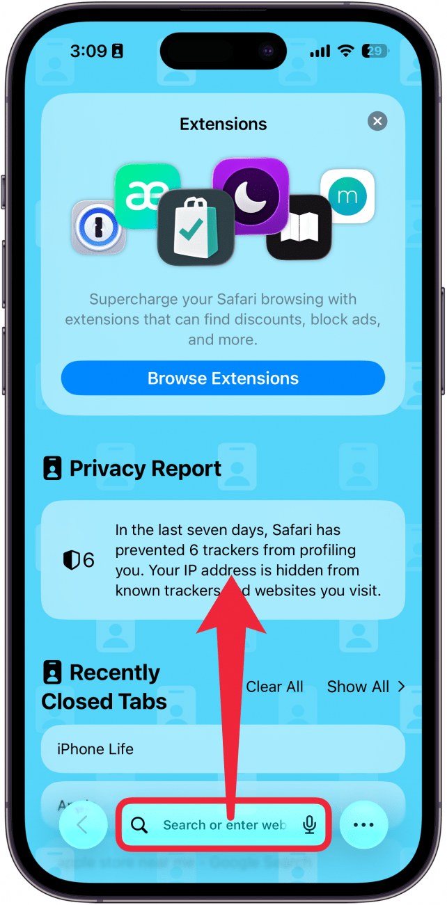 a screenshot of the safari app on iphone with a red box around the address bar and red arrow pointing upward