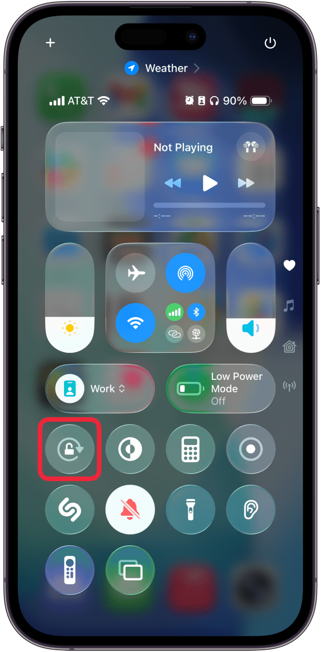 a screenshot of the iphone conrtol center with a red box around the grayed out rotation lock icon with looks like a circular arrow with a padlock in the center