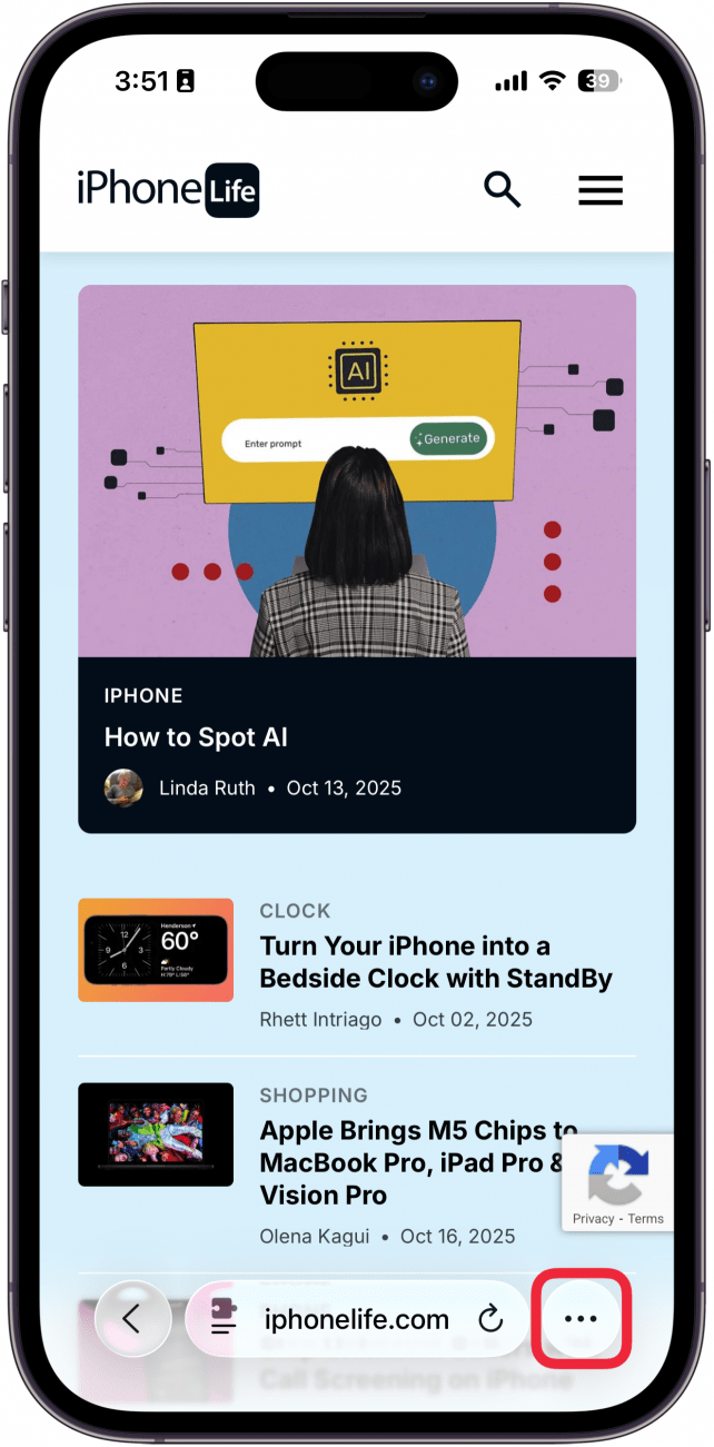 a screenshot of the safari app on iphone with a red box around the three dot icon