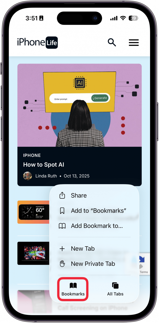 a screenshot of the safari app on iphone displaying a menu with extra options and a red box around the bookmarks icon