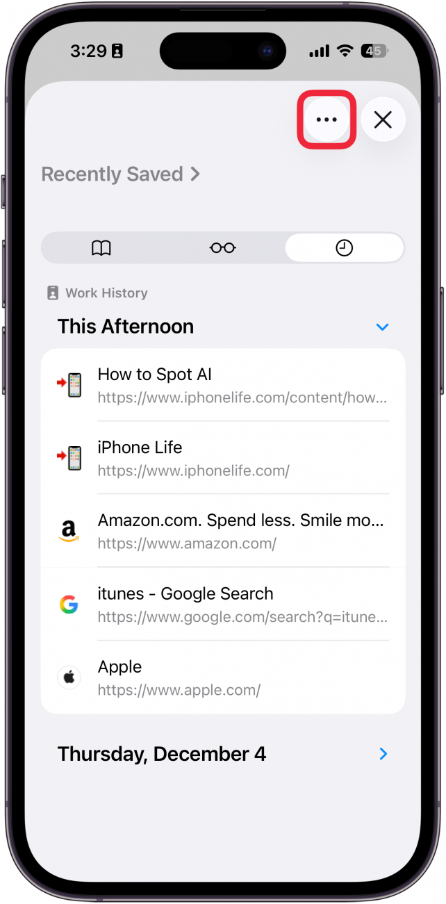a screenshot of the safari app on iphone displaying web history with a red box around the three dot icon