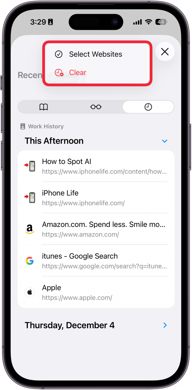 a screenshot of the safari app on iphone displaying web history with a red box around options for select websites and clear
