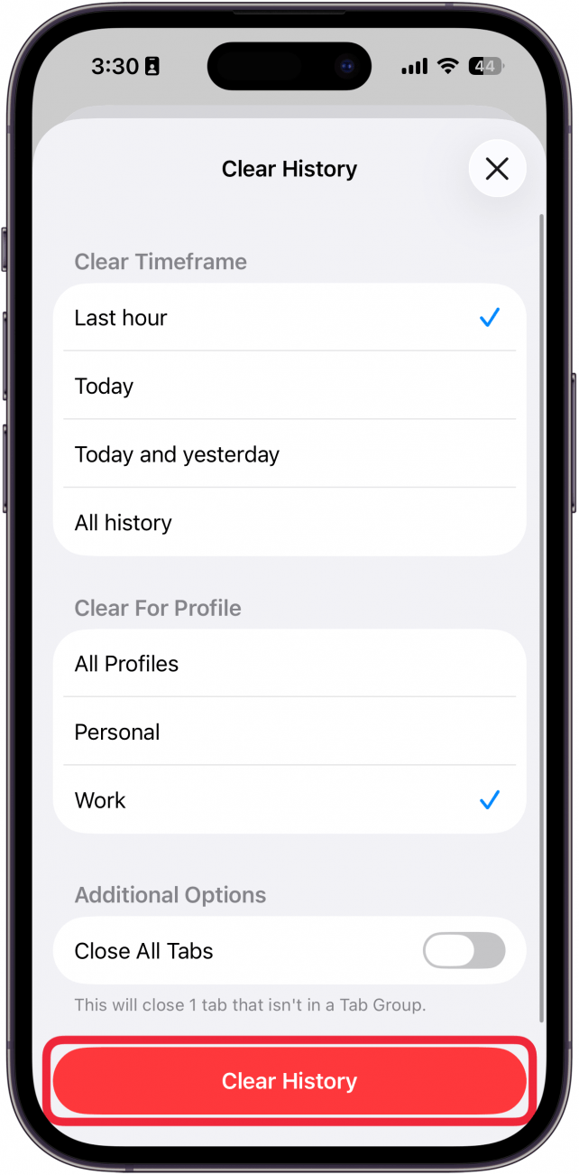 a screenshot of the safari app on iphone displaying the clear history menu with a red box around the clear history button