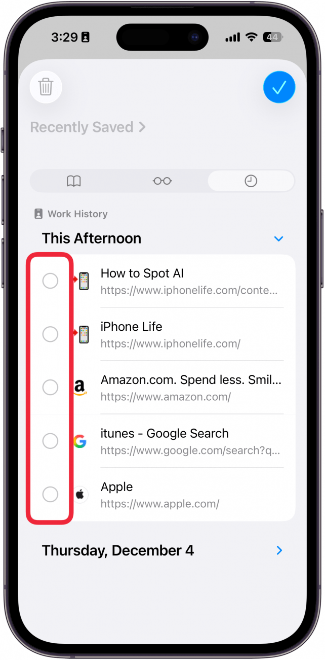 a screenshot of the safari app on iphone displaying bullet points next to websites in the history tab with a red box around the bullet points