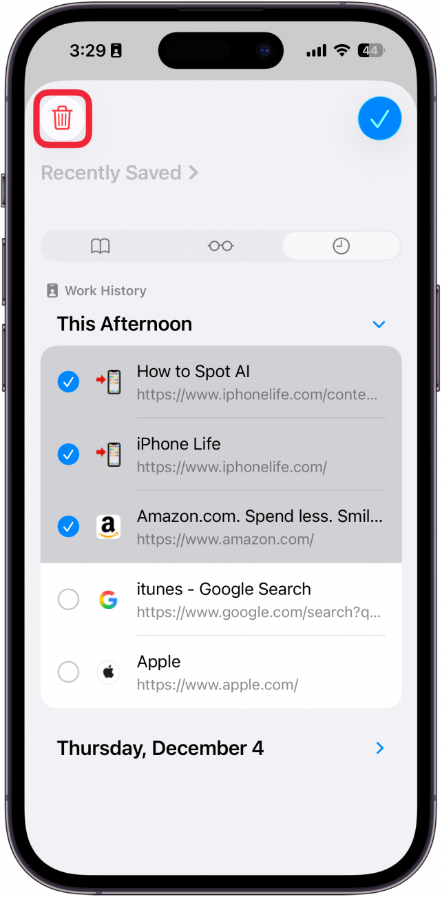 a screenshot of the safari app on iphone displaying web history and a red box around the delete button