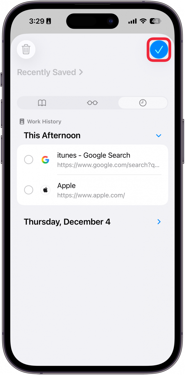 a screenshot of the safari app on iphone displaying web history with a red box around the checkmark icon