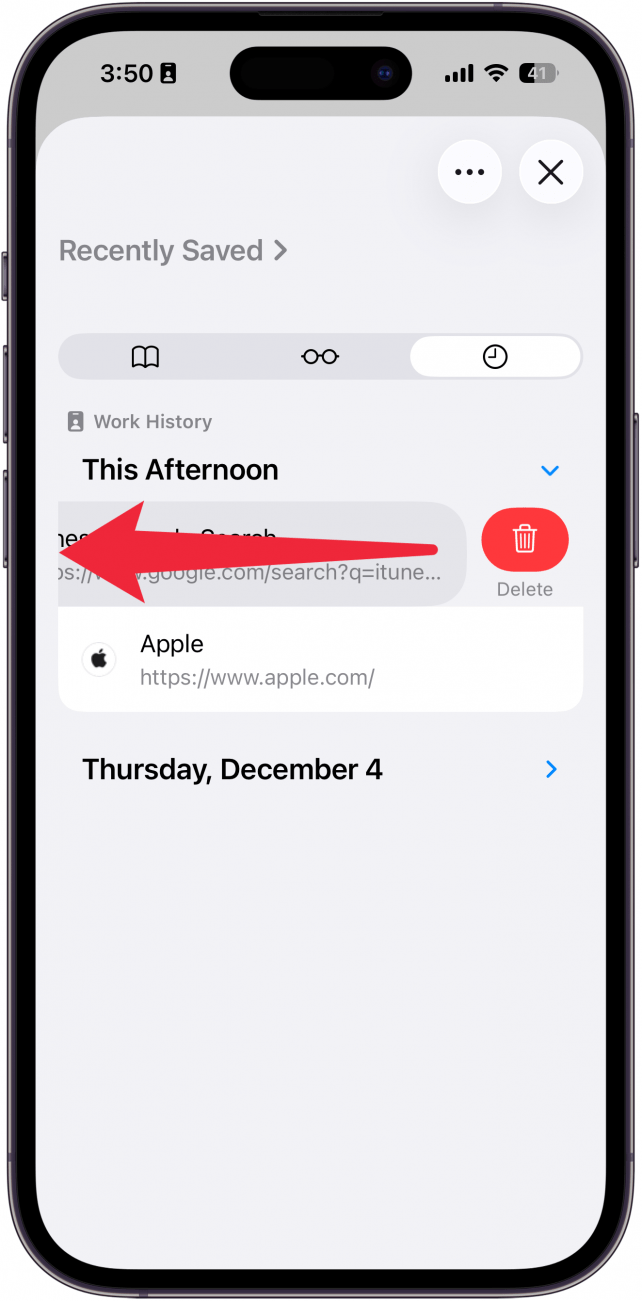 a screenshot of the safari app on iphone displaying web history with a red arrow over a website pointing to the left, indicating for the user to swipe left