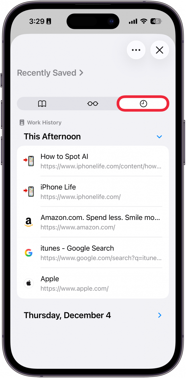 a screenshot of the safari app on iphone displaying web history with a red box around the history icon