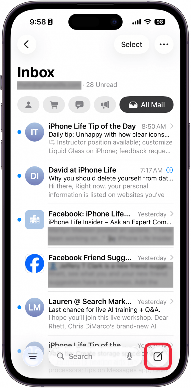 a screenshot of the mail app on iphone with a red box around the compose button