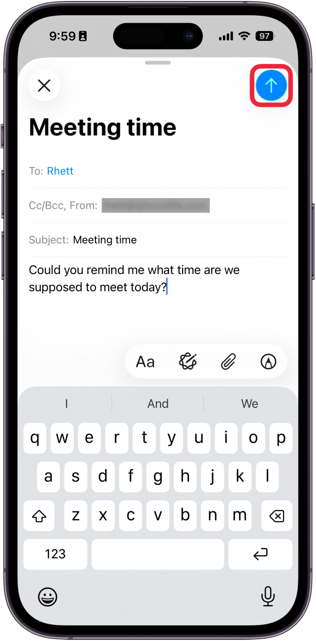 a screenshot of the compose email screen on iphone with a red box around the send button