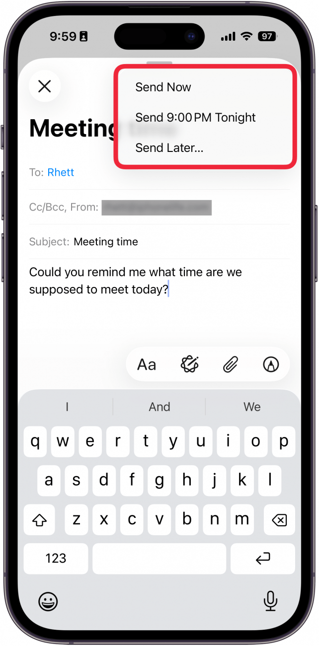  a screenshot of the compose email screen on iphone with a red box around send later options