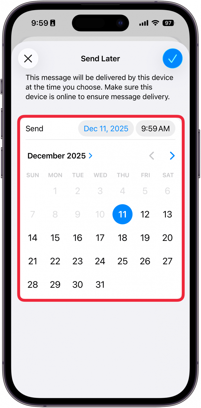a screenshot of the send later screen in the mail app on iphone with a red box around the calendar and clock