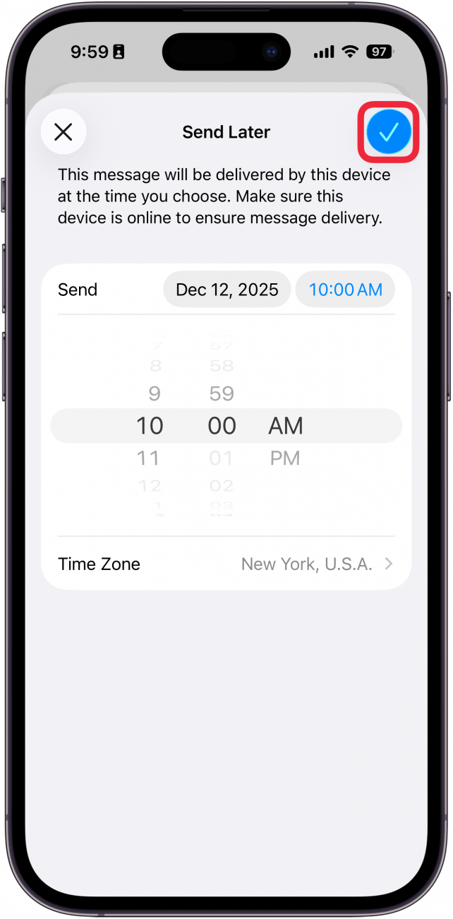 a screenshot of the send later screen in the mail app on iphone with a red box around the 