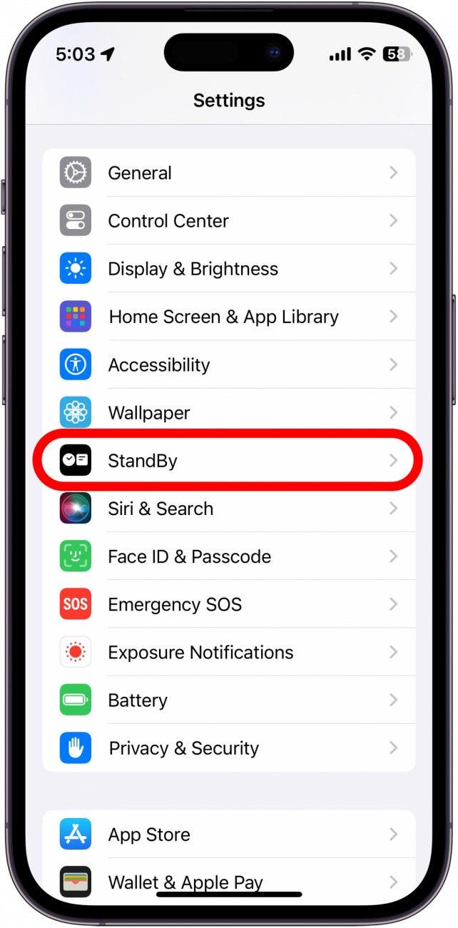 iphone settings with standby setting circled in red