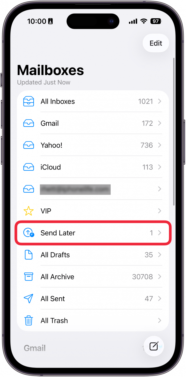 a screenshot of the mail app on iphone with a red box around the send later folder
