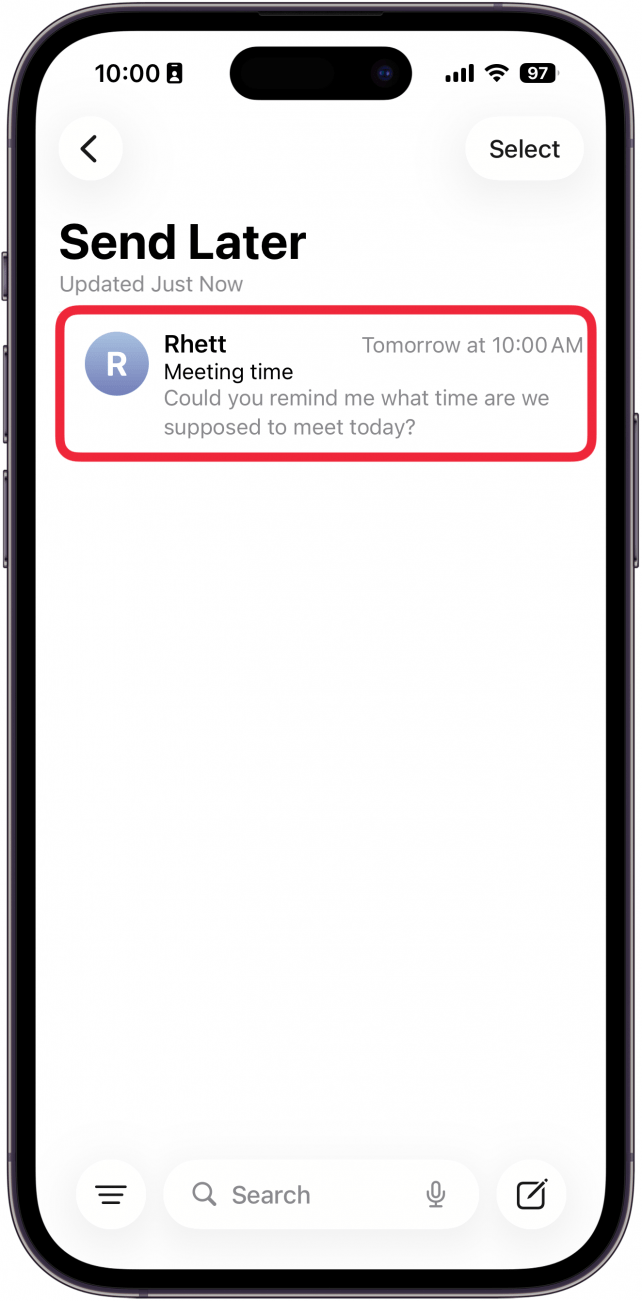 a screenshot of the send later folder in the mail on iphone with a red box around a scheduled email