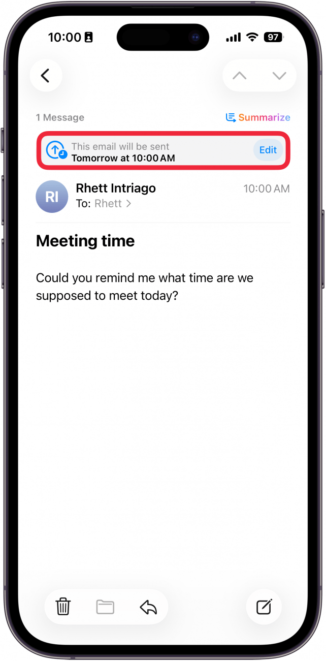 a screenshot of a schedule email on iphone with a red box around the edit button