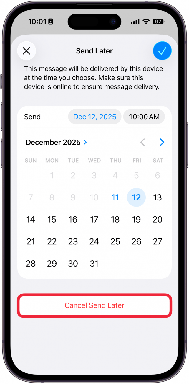a screenshot of the edit scheduled email screen on iphone with a red box around the cancel send later button