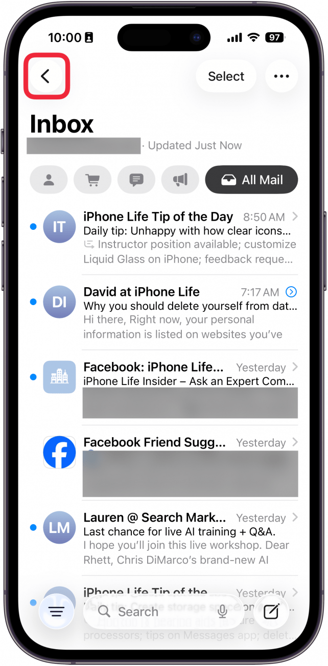 a screenshot of the mail app on iphone with a red box around the back button