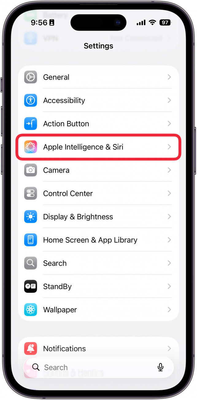 a screenshot of the settings app on iphone with a red box around apple intelligence and siri