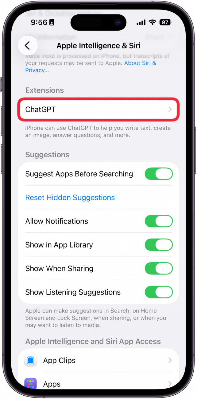 a screenshot of apple intelligence and siri settings on iphone with a red box around chatgpt