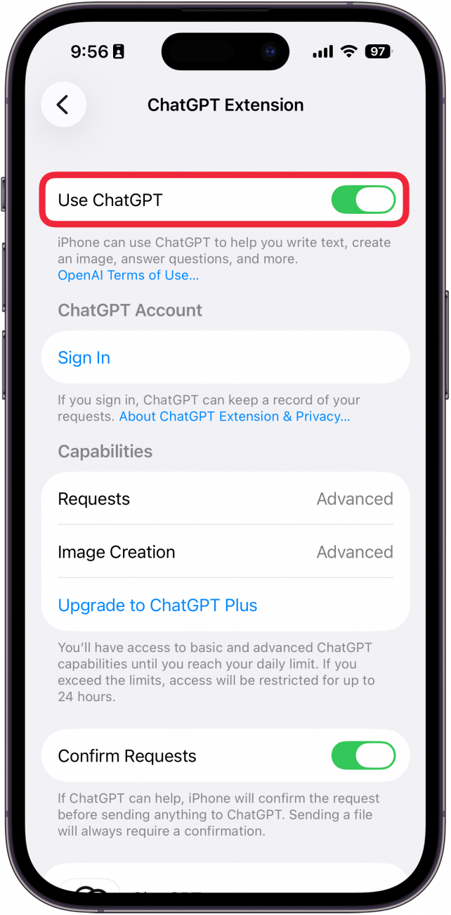 a screenshot of chatgpt settings on iphone with a red box around the use chatgpt toggle