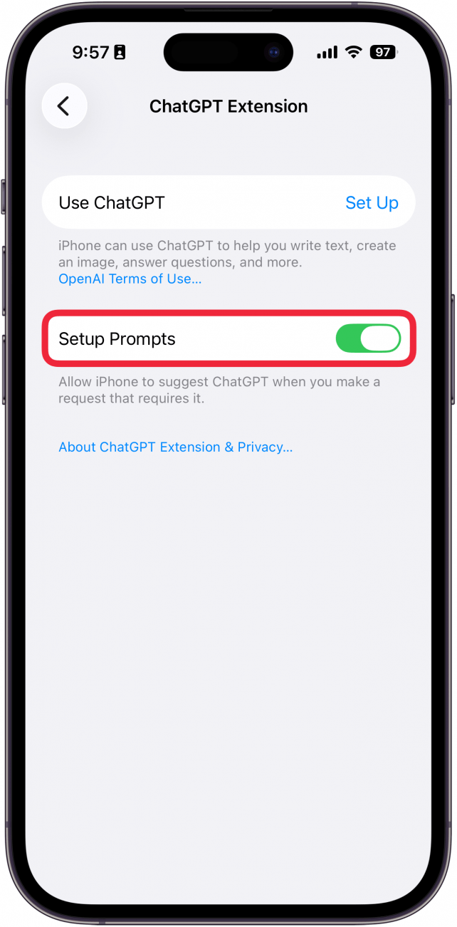 a screenshot of chatgpt settings on iphone with a red box around the set up prompts toggle