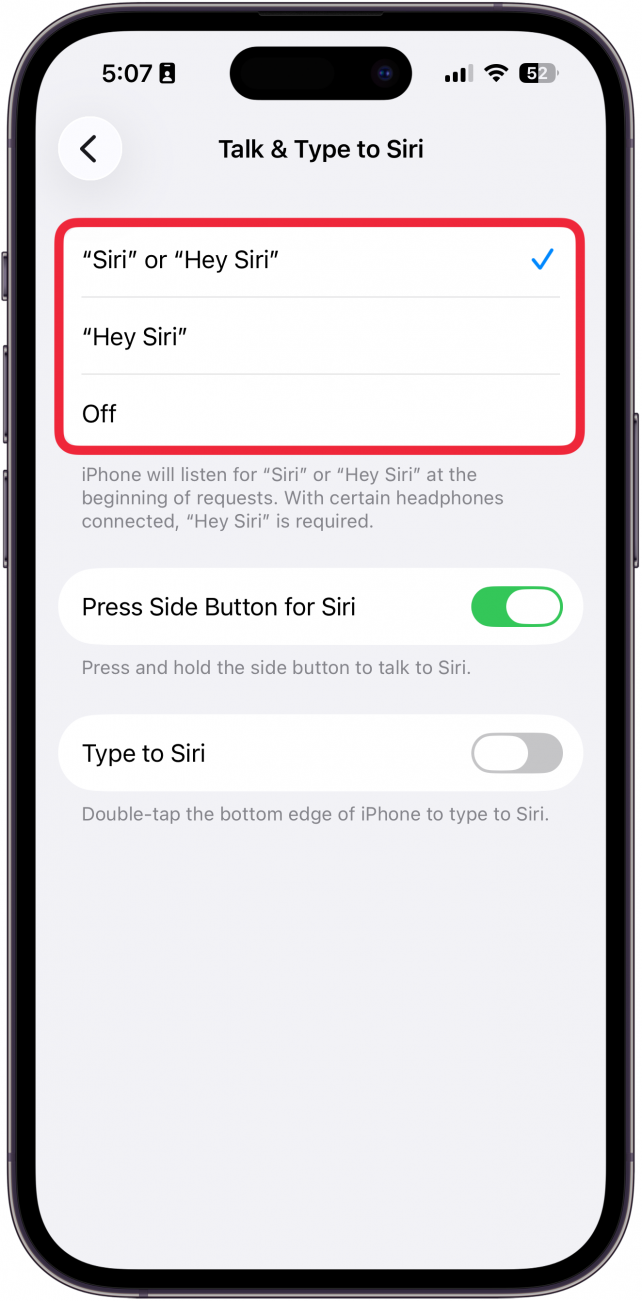 a screenshot of siri settings on iphone with a red box around options for siri or hey siri and hey siri