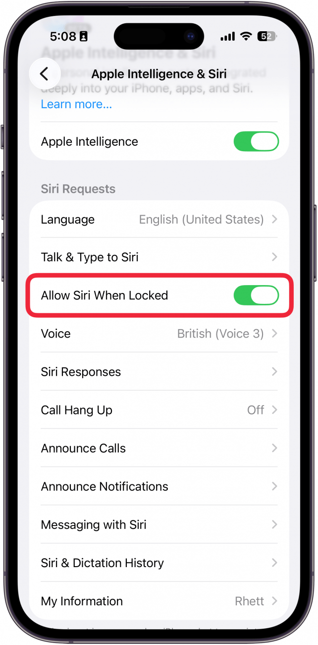 a screenshot of siri settings on iphone with a red box around allow siri when locked