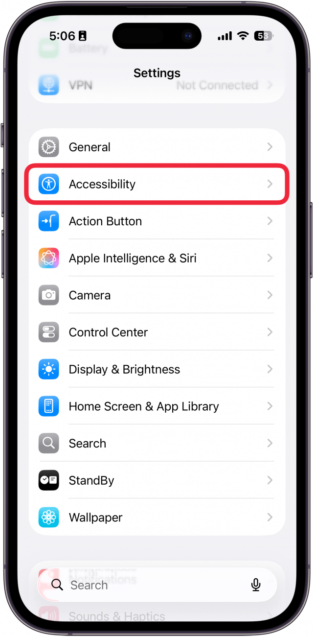 a screenshot of iphone settings app with a red box around accessibility