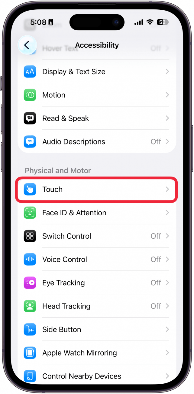 a screenshot of accessibility settings on iphone with a red box around touch