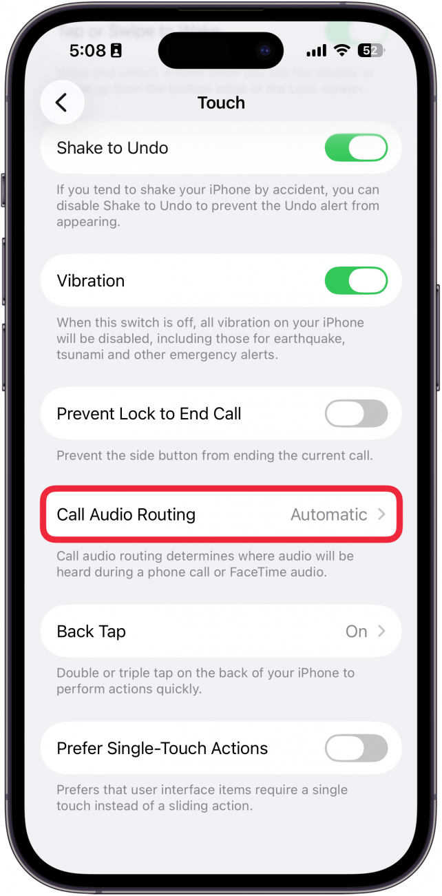 a screenshot of accessibility settings on iphone with a red box around call audio routing