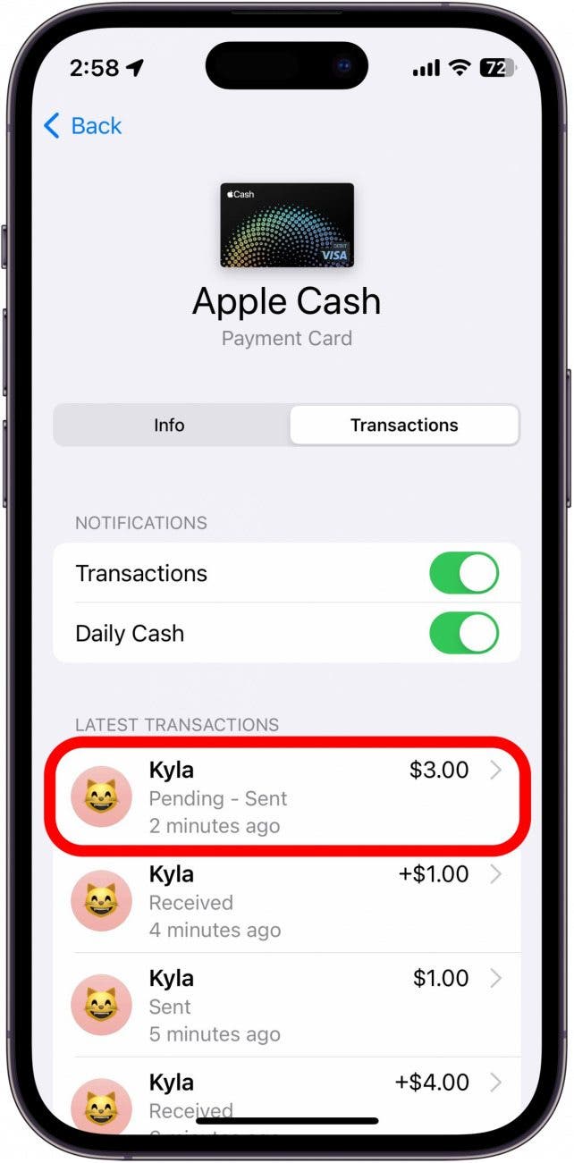 apple cash transaction list with payment circled in red