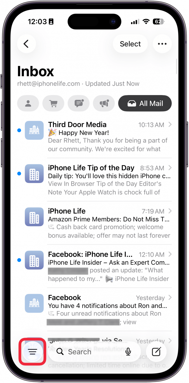 a screenshot of the mail app on iphone with a red box around the filters icon