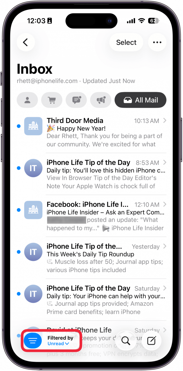 a screenshot of the mail app on iphone with a red box around the filters icon which now reads unread