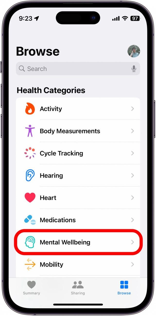 iphone health app with mental wellness option circled in red