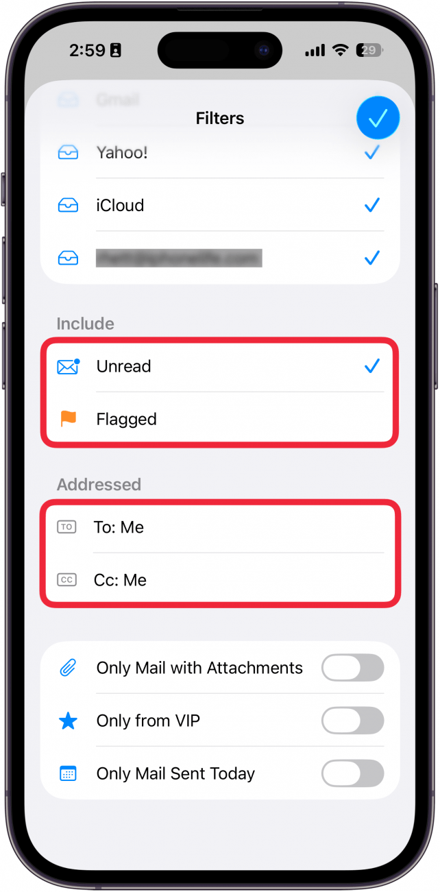 a screenshot of filtering options in the mail app on the iphone with red boxes around the options for unread, flagged, to me, and cc me