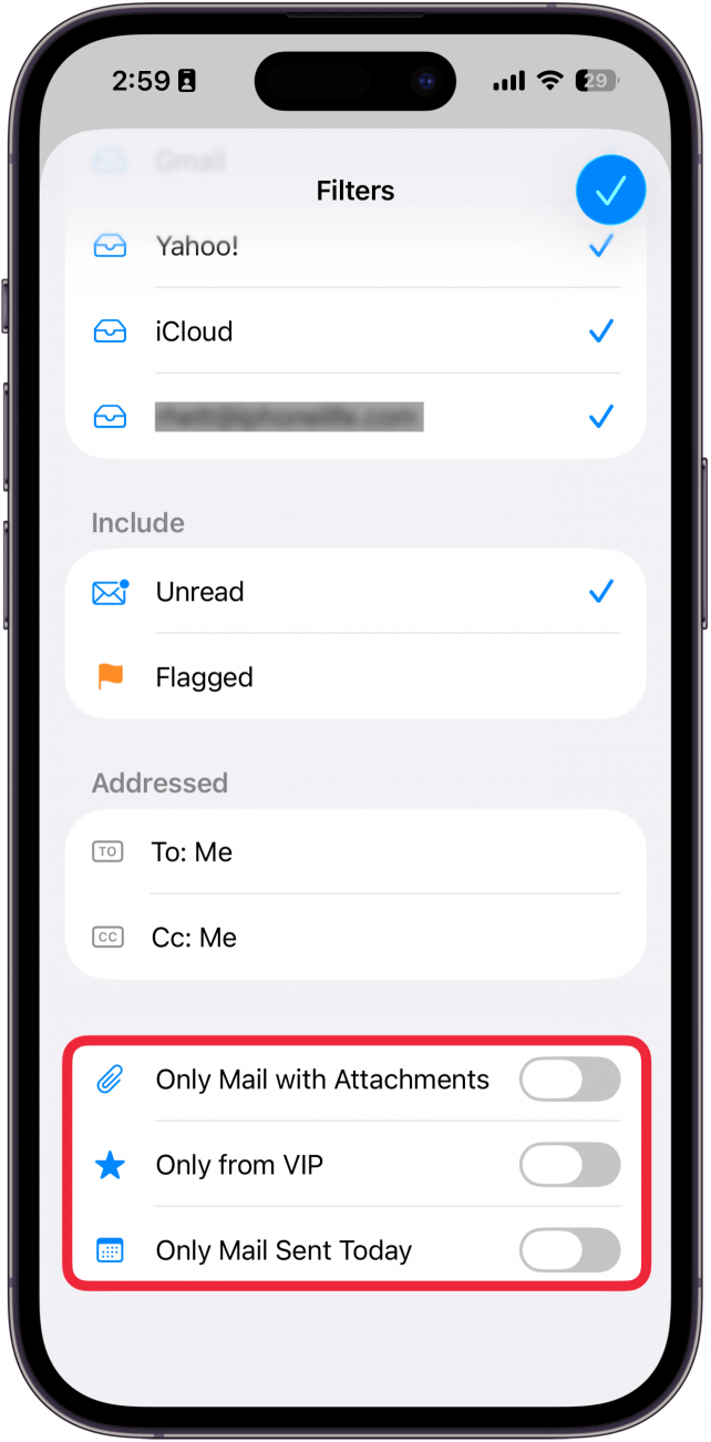 a screenshot of filtering options in the mail app on the iphone with a red box around toggles for Only Mail with Attachments, Only from VIP, Only Mail Sent Today