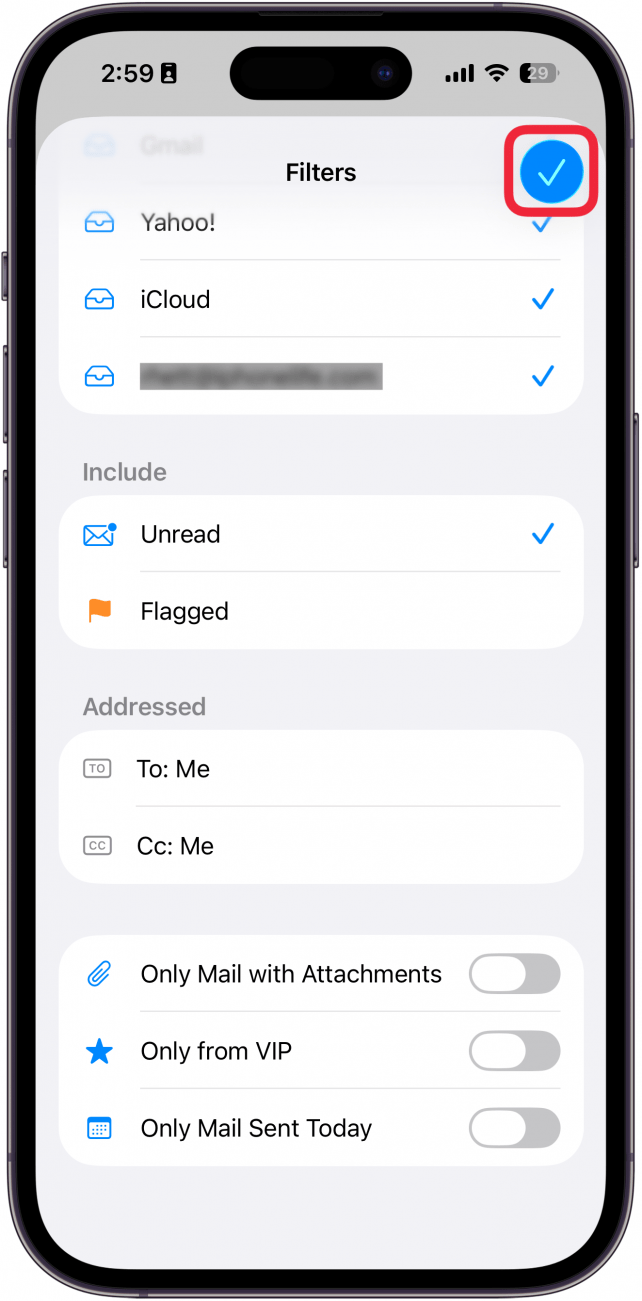 a screenshot of filtering options in the mail app on the iphone with a red box around the checkmark icon