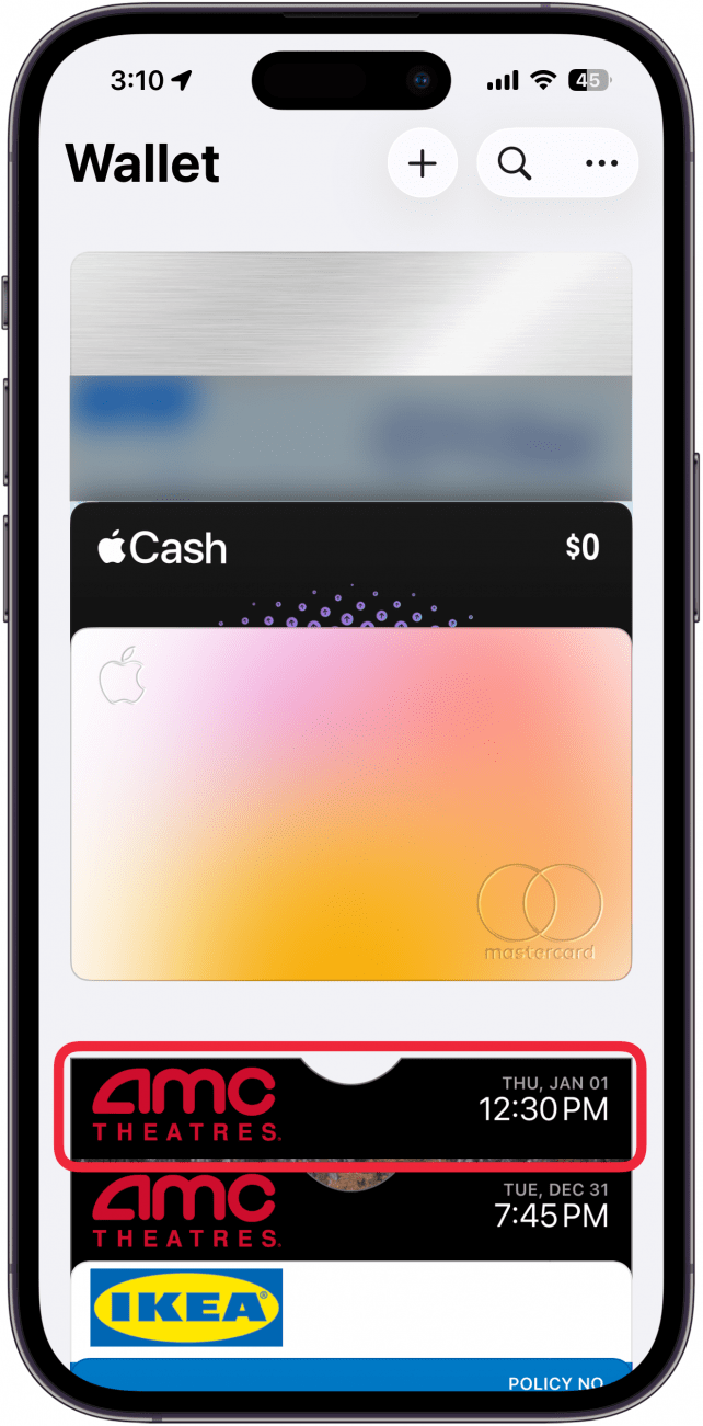 a screenshot of the wallet app on iphone with a red box around a movie ticket