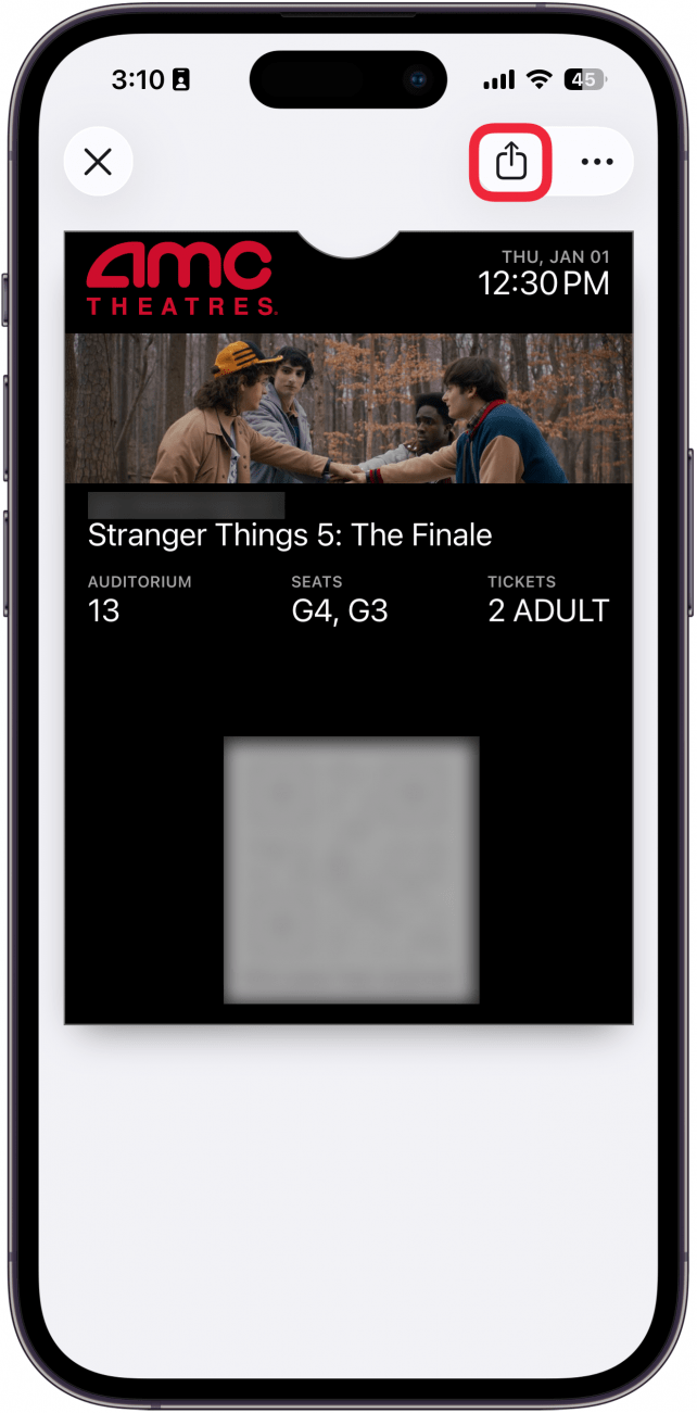 a screenshot of a movie ticket in the iphone wallet app with a red box around the share icon