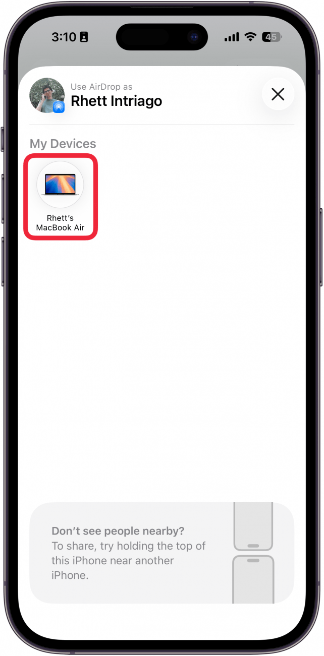 a screenshot of the airdrop screen on iphone with a red box around an icon for a macbook