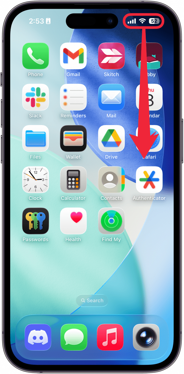 a screenshot of the iphone home screen with a red box around the top right corner and a red arrow pointing downward, indicating for the user to swipe downward from the upper right edge of the screen