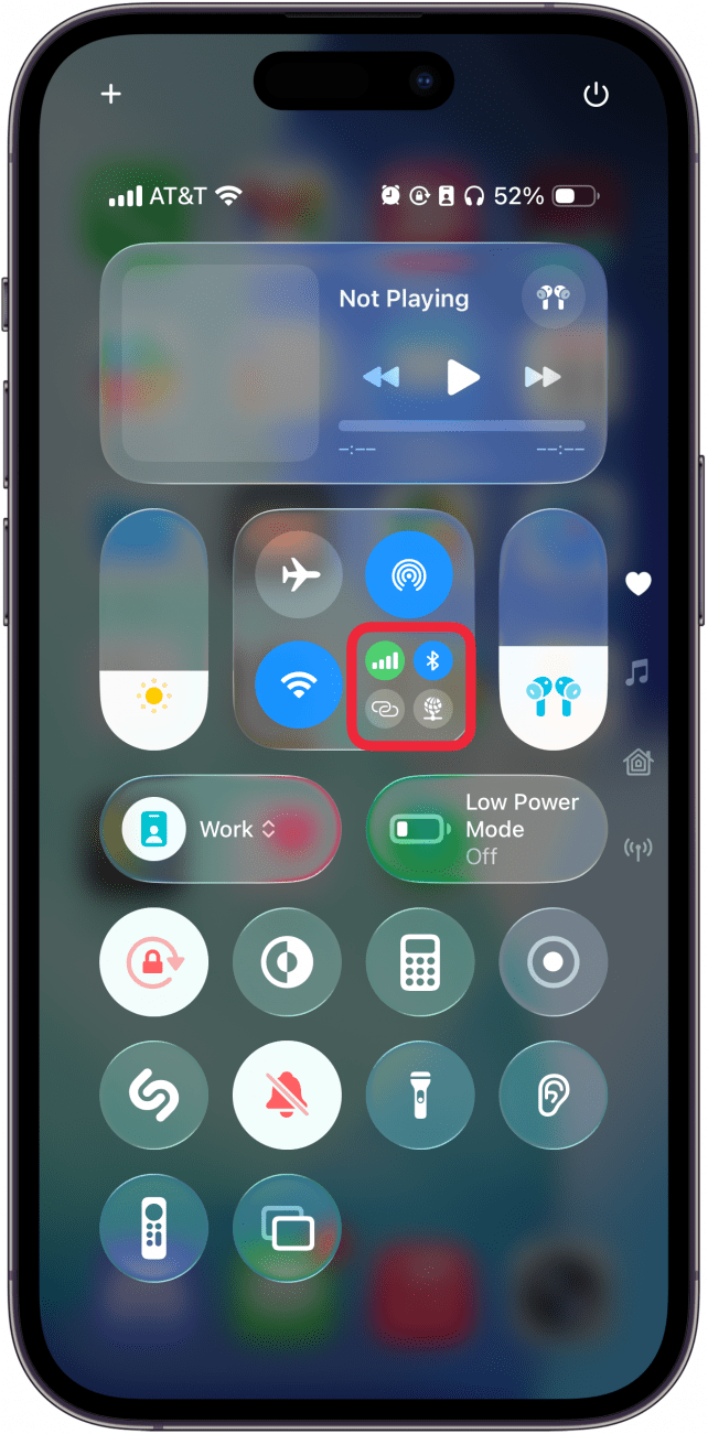 a screenshot of the control center on iphone with a red box around the lower right grouping of icons in the connectivity control